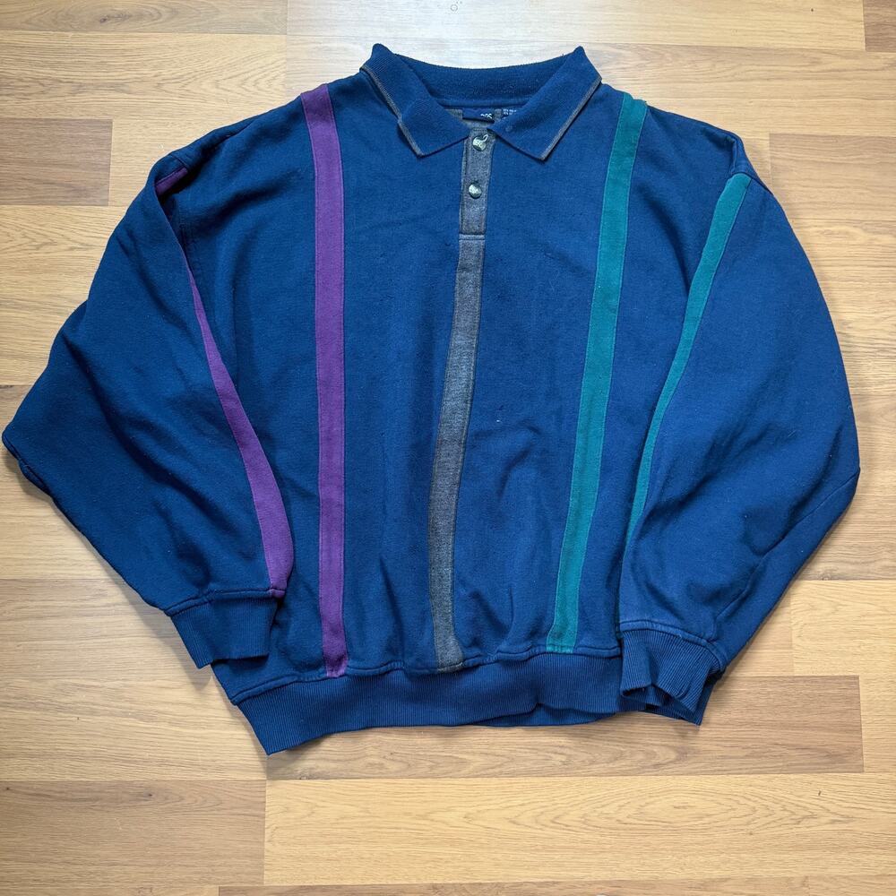 Men's Vintage 90's Honors Navy Blue Collared Fleece Pullover Sweatshirt Sz XLT